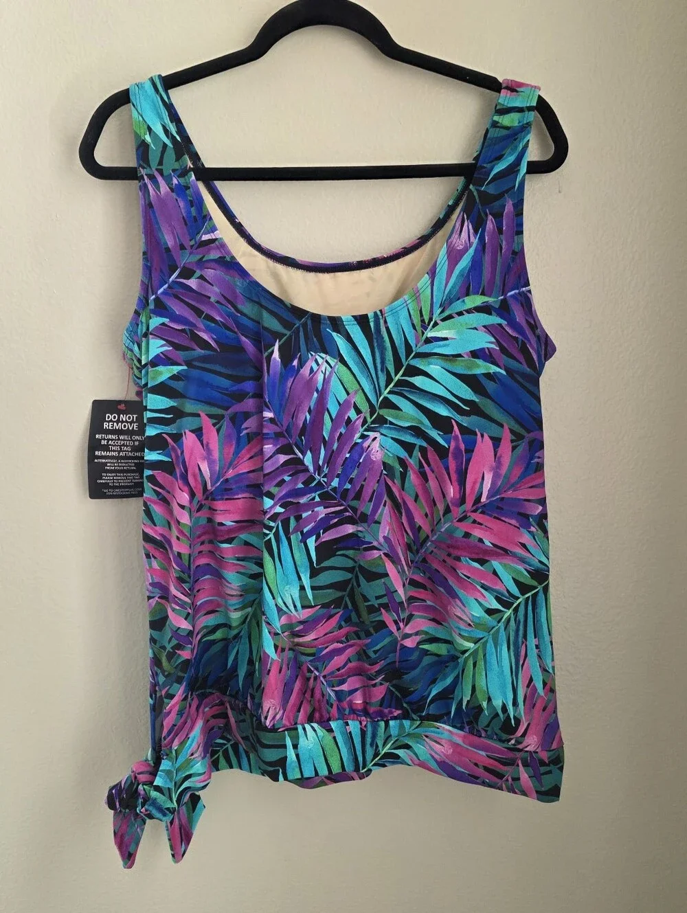 Swimsuits For All Women's Side Tie Blouson Tankini Top Tropical Palm 16 NWT